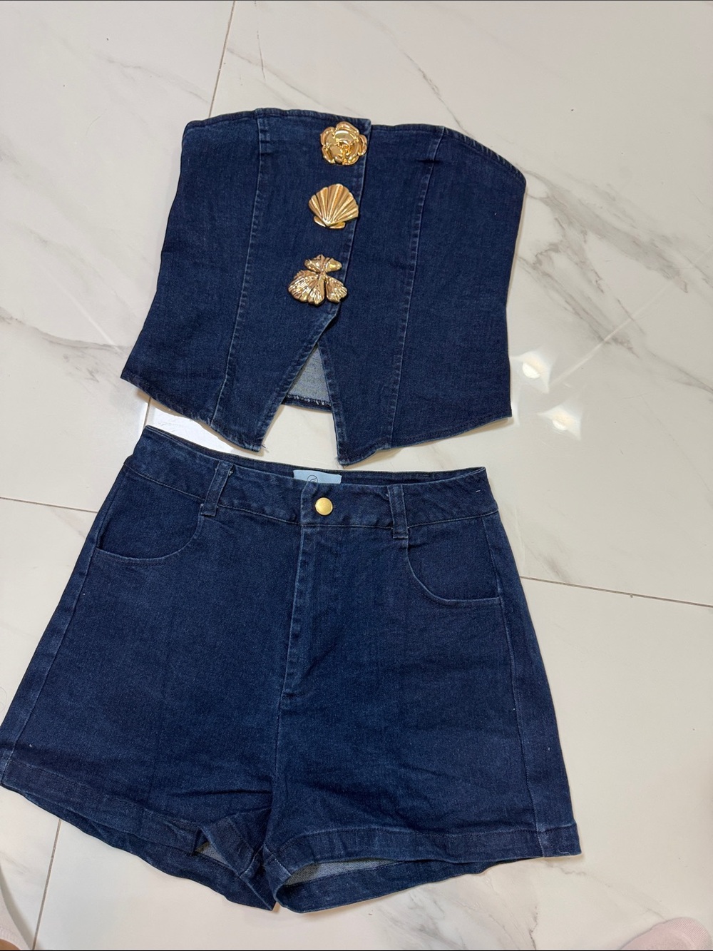 Dark Indigo Denim Corset Top & High-Waist Shorts Set